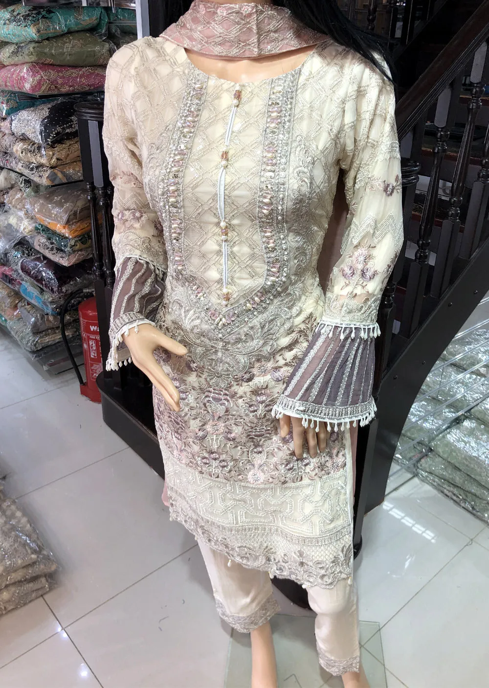 1515 Readymade Cream Pakistani Chiffon Suit