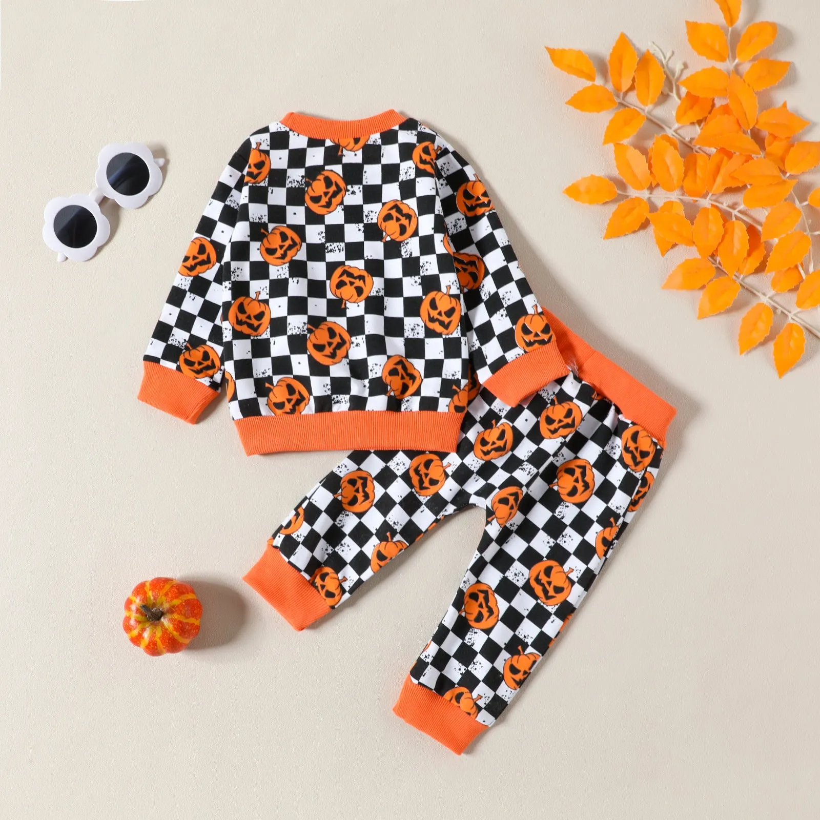 2 Pieces Set Baby Kid Girls Halloween Color-blocking Checked Print Hoodies Swearshirts And Pants Wholesale 23090637