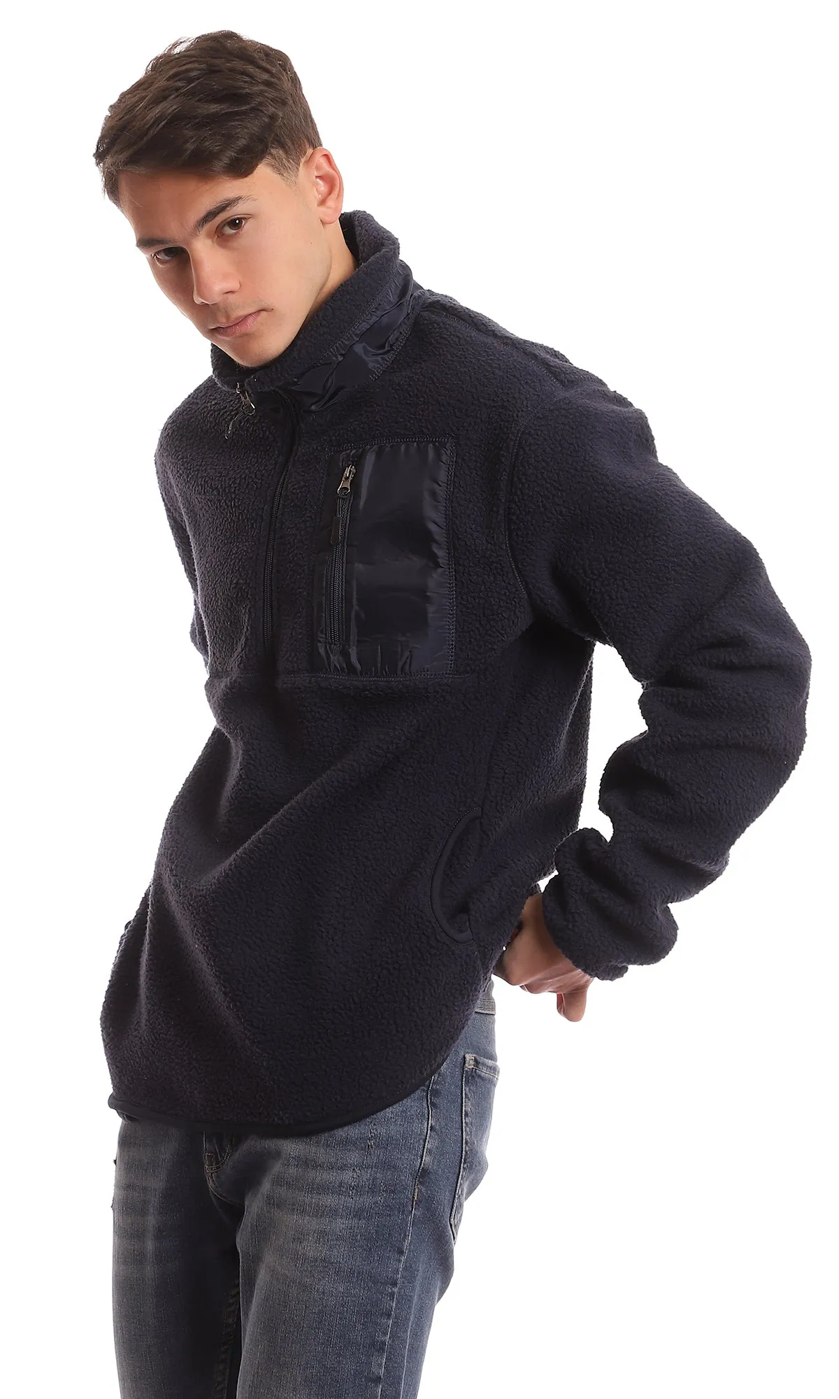 96166 Sherpa Zipped Neck Navy Blue Coziness Sweater