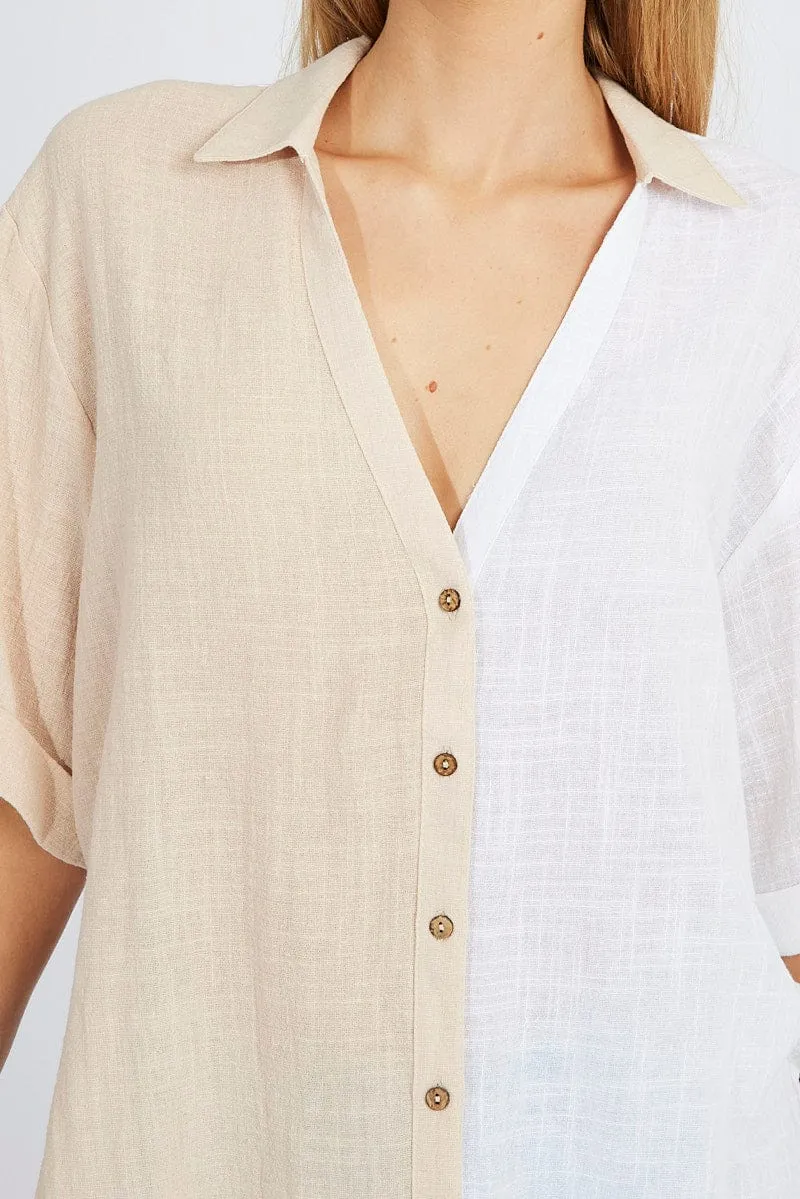 Beige Cotton Half Sleeve Relaxed Colour Block Shirt