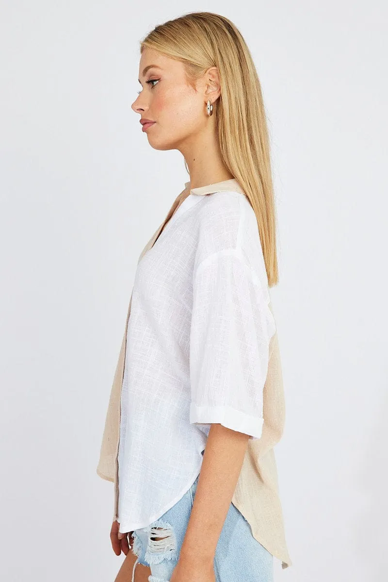 Beige Cotton Half Sleeve Relaxed Colour Block Shirt