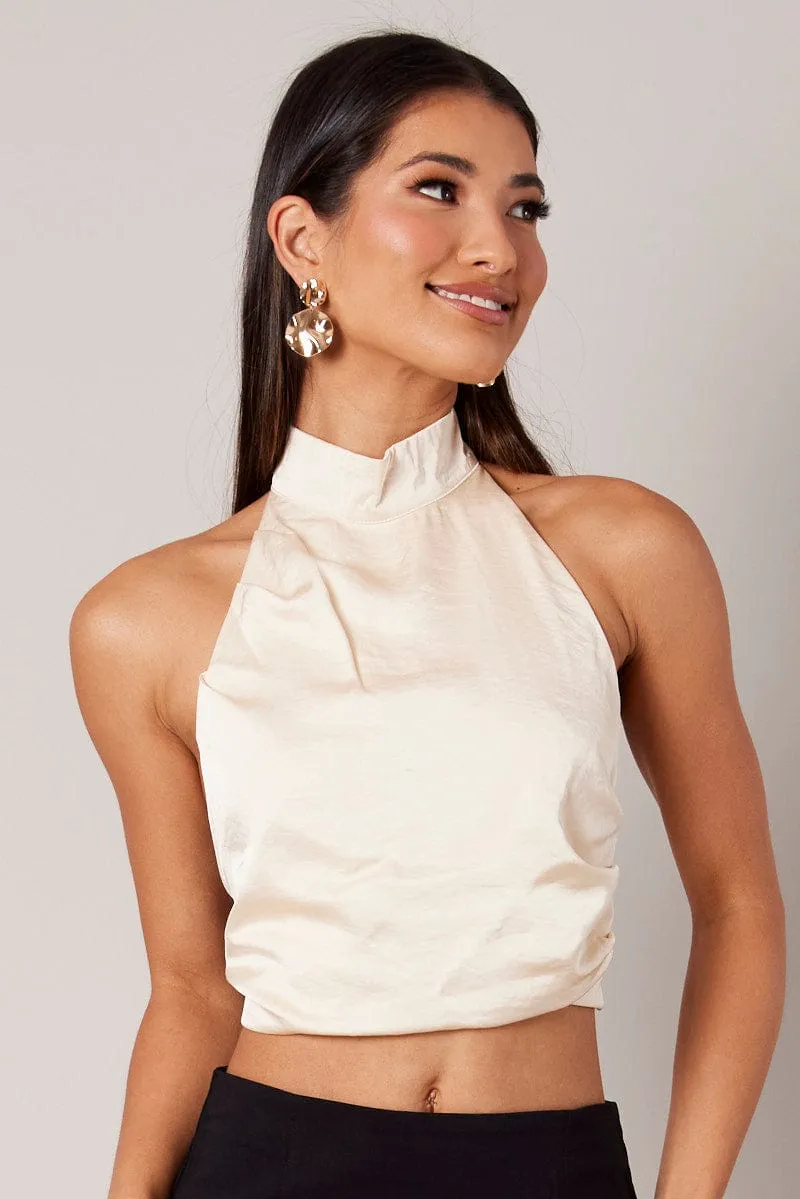 Beige High Neck Top Sleeveless Tie Back Satin