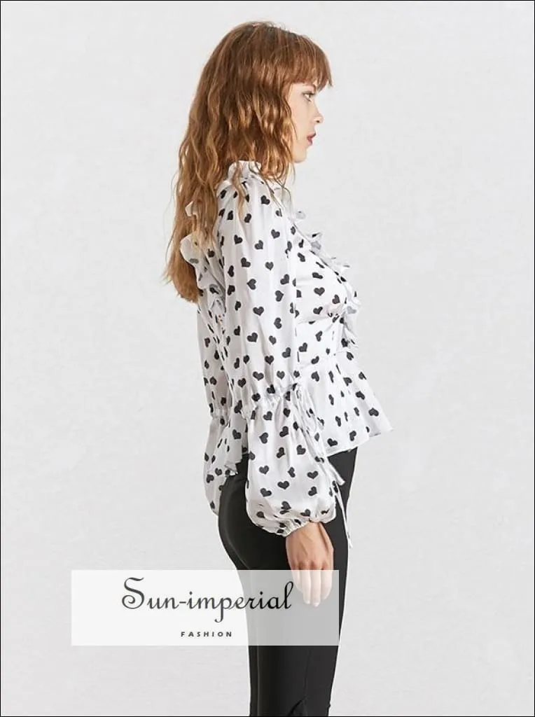 Brylee top - Vintage White Heart Print Blouse for Women V Neck Long Sleeve Drawstring Hook front