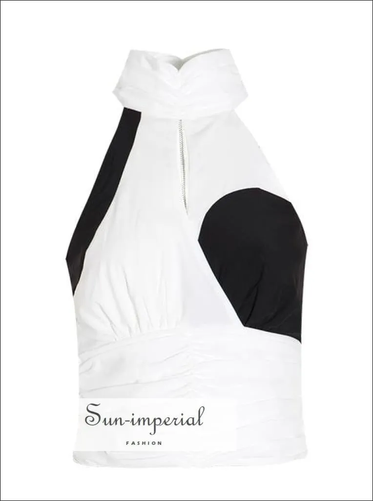 Emma top - Sleeveless Warp Turtle Neck Black and White Halter top