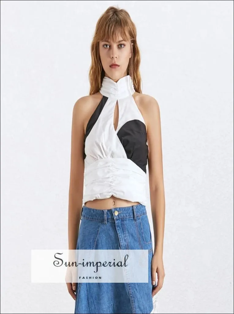 Emma top - Sleeveless Warp Turtle Neck Black and White Halter top