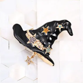 Enamel Witch Halloween Black Hat & Stars Brooch