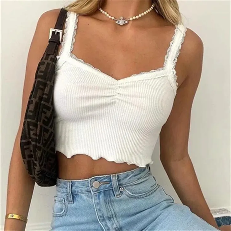 Lace Trimmed Ruched Tank Top