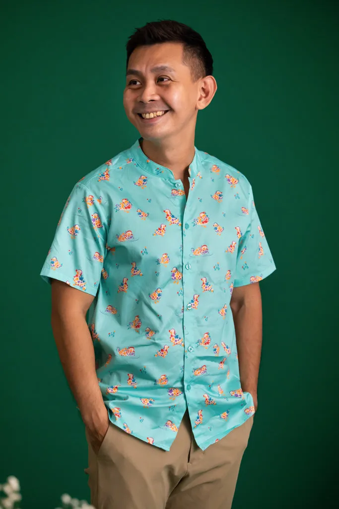 Men's Mandarin-collared Shirt - Turquoise Mandarin Ducks