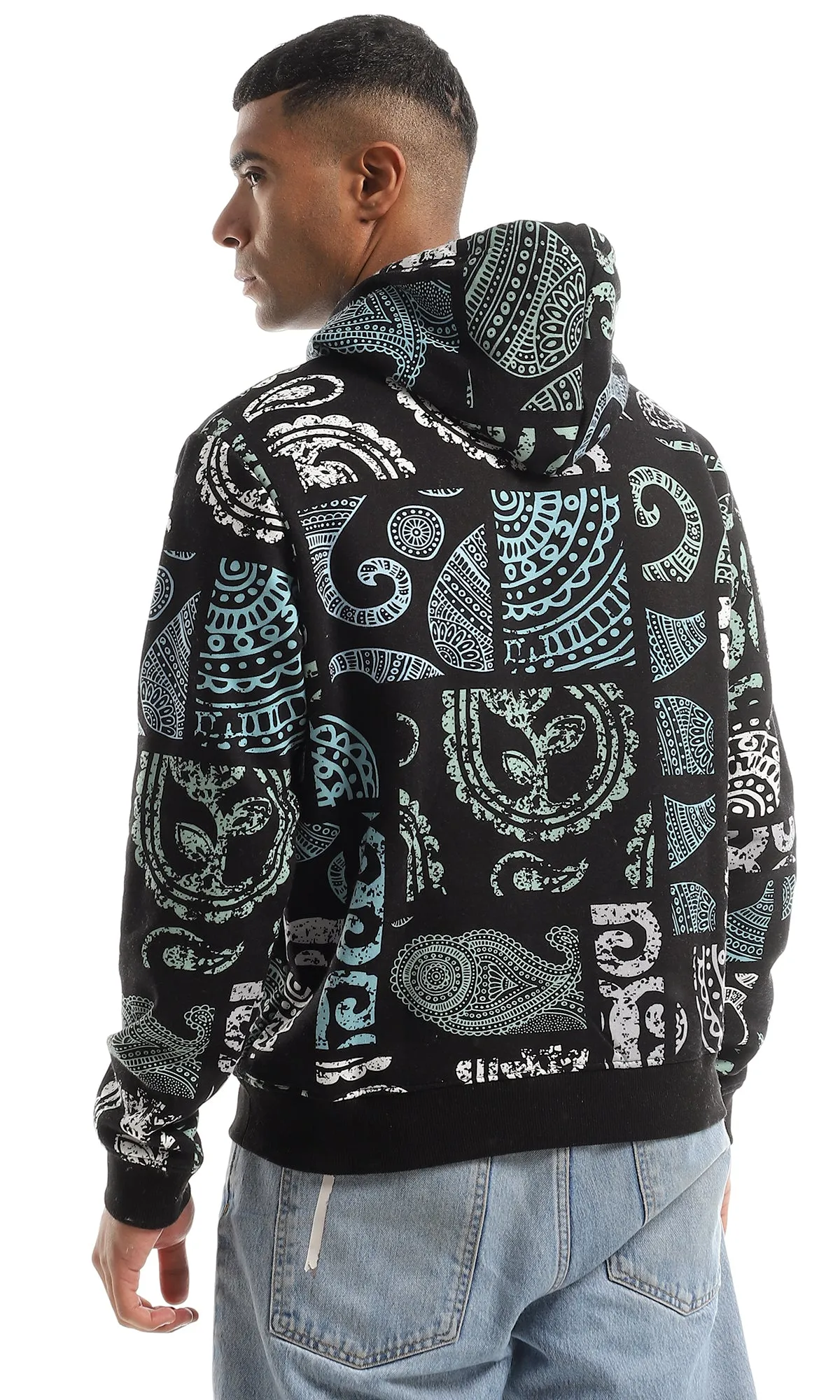 O151536 Multipatterned Fleece Hoodie With Round Neck - Black, Green & White