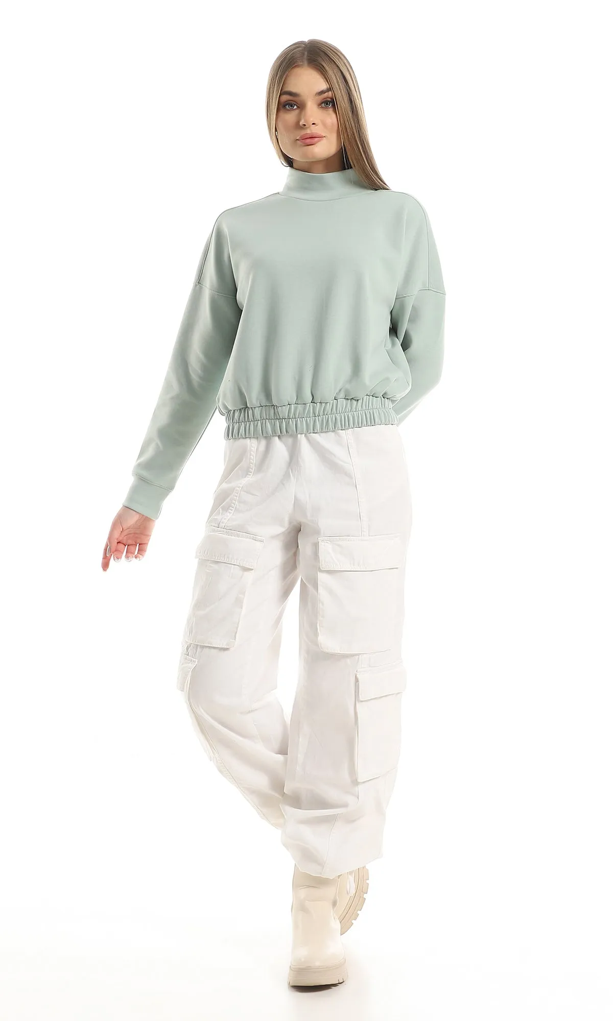 O153037 Ring Neck Cropped Sweatshirt With Elasticated Waist - Mint Green