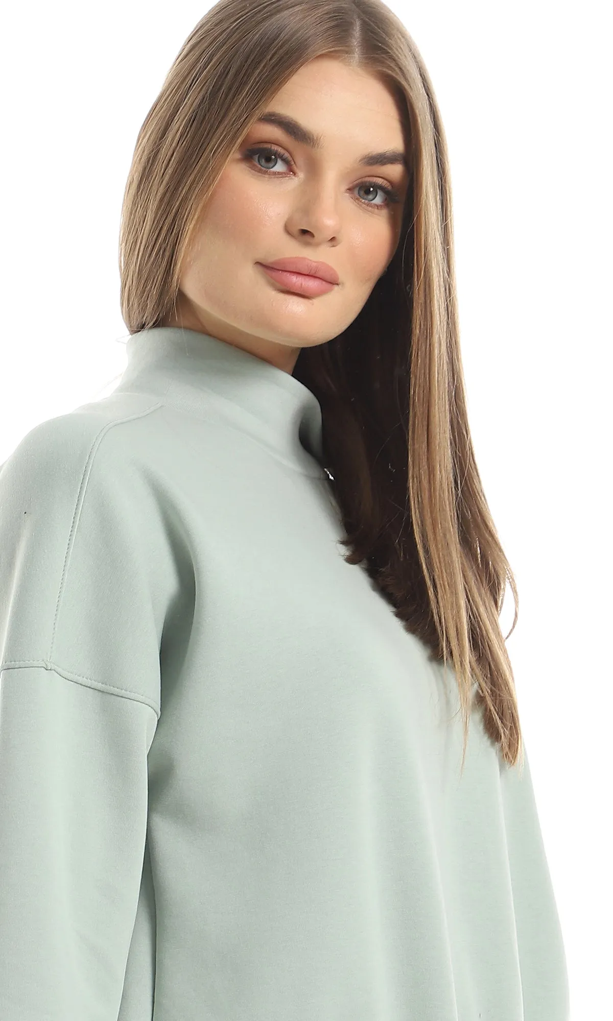 O153037 Ring Neck Cropped Sweatshirt With Elasticated Waist - Mint Green