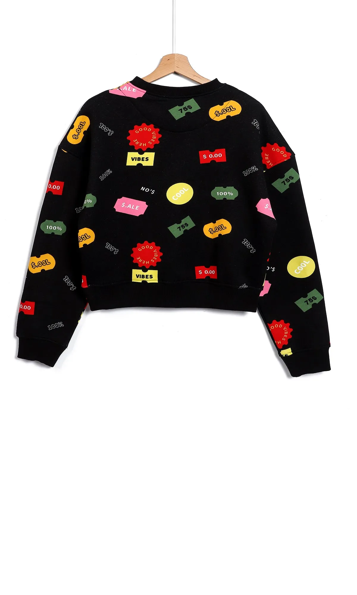 O154500 "Good Vibes" Printed Cropped Black Long Sleeves Sweatshirt