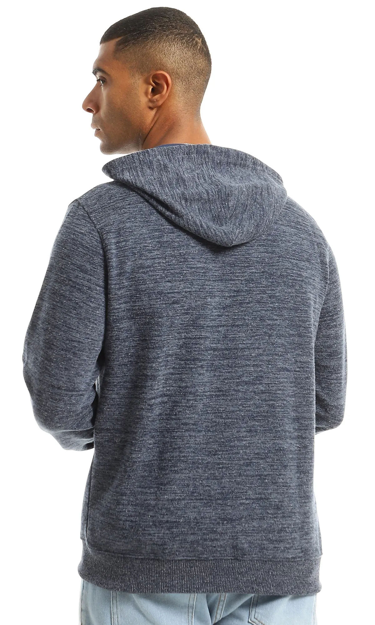 O155663 Front Pocket Hooded Zipper Sweatshirt - Heather Navy Blue