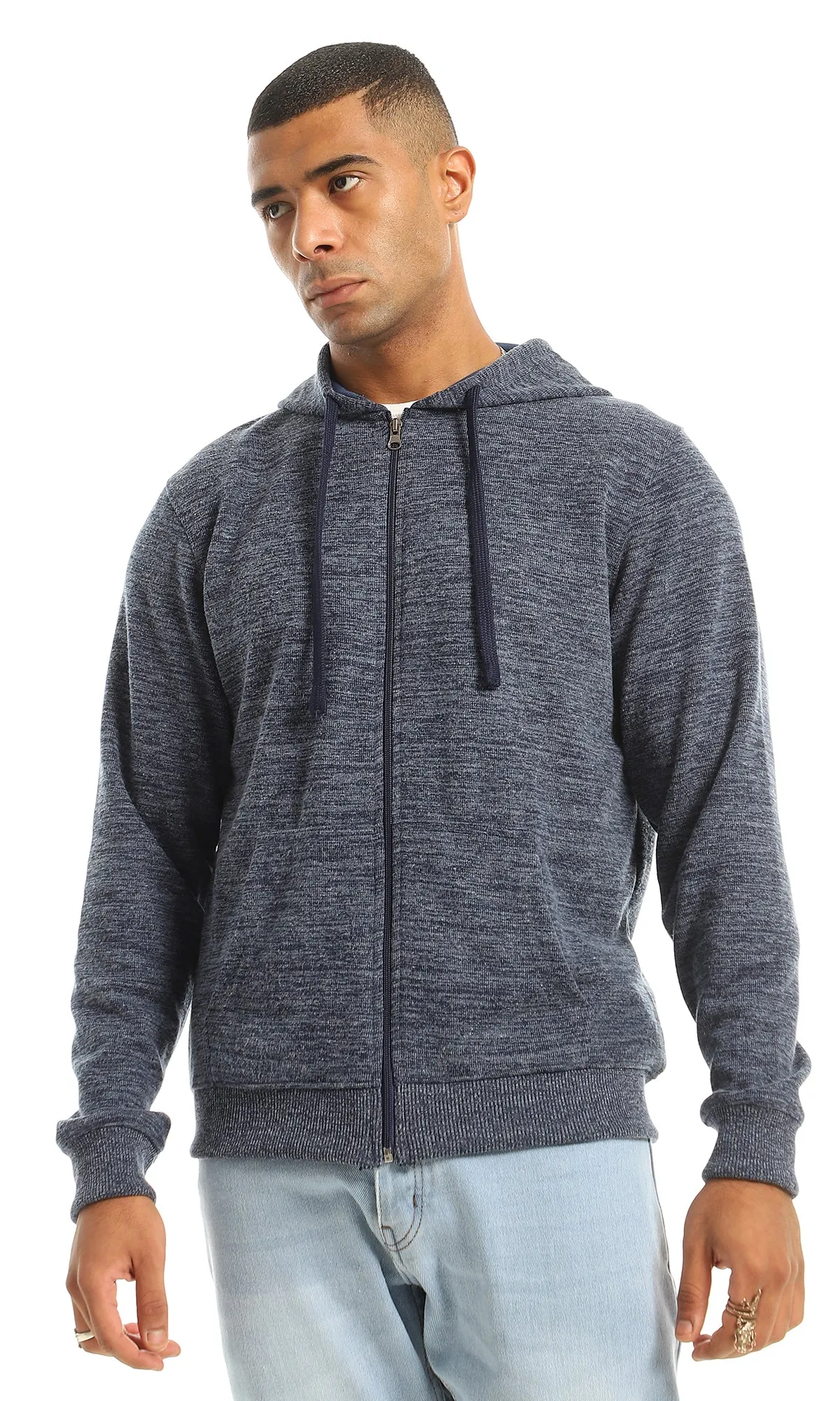 O155663 Front Pocket Hooded Zipper Sweatshirt - Heather Navy Blue