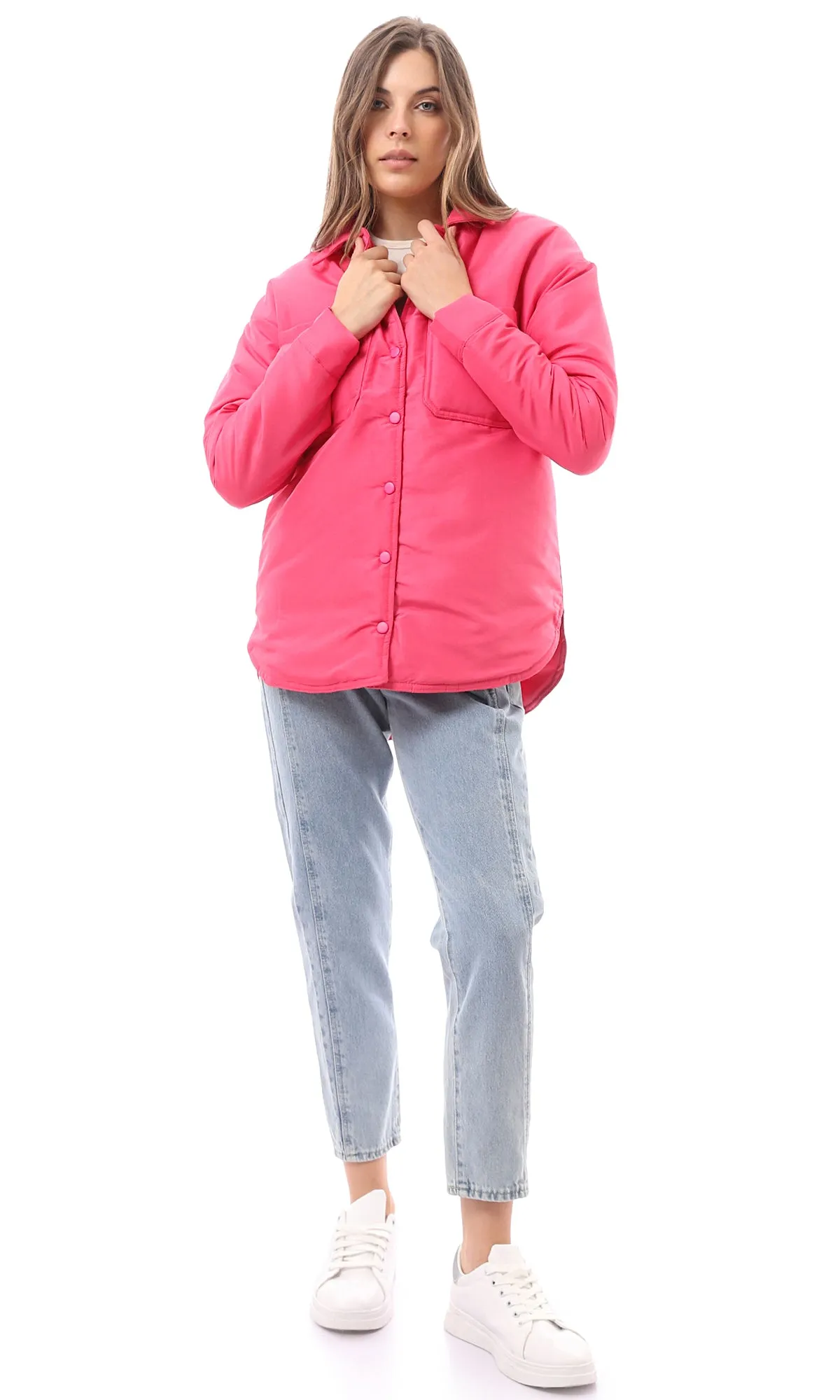 O170784 Fuchsia Puffer Jacket With Front Patched Pockets