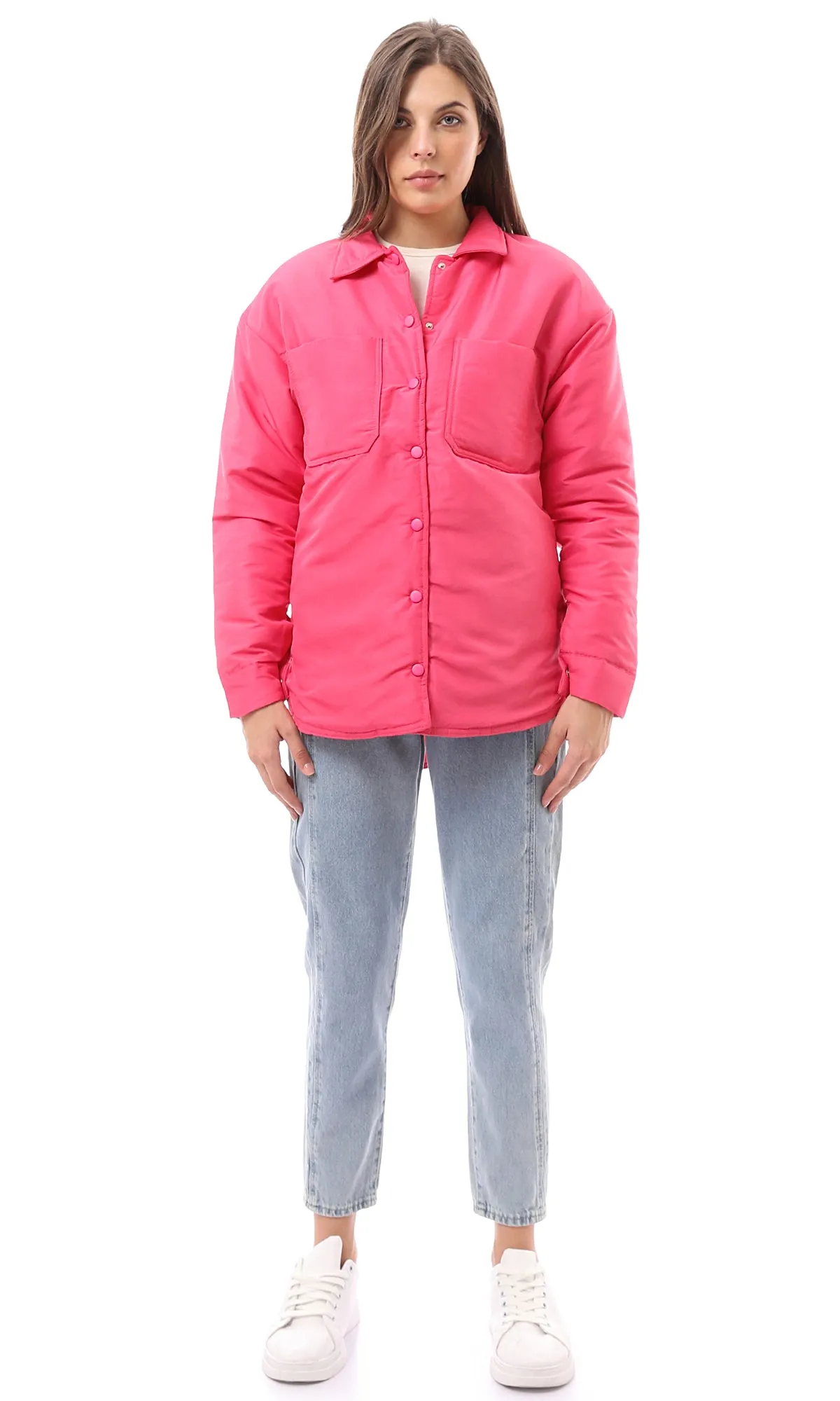 O170784 Fuchsia Puffer Jacket With Front Patched Pockets