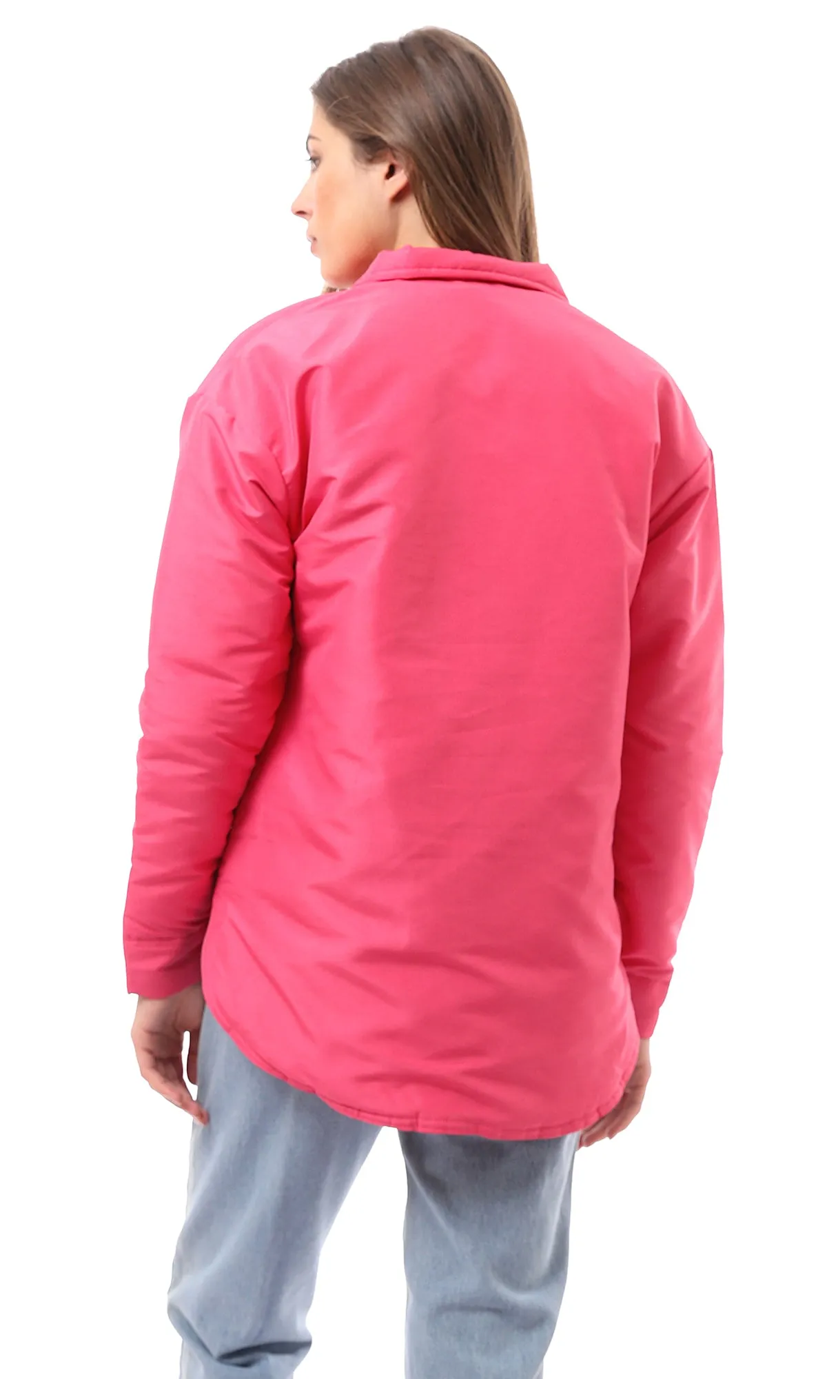 O170784 Fuchsia Puffer Jacket With Front Patched Pockets