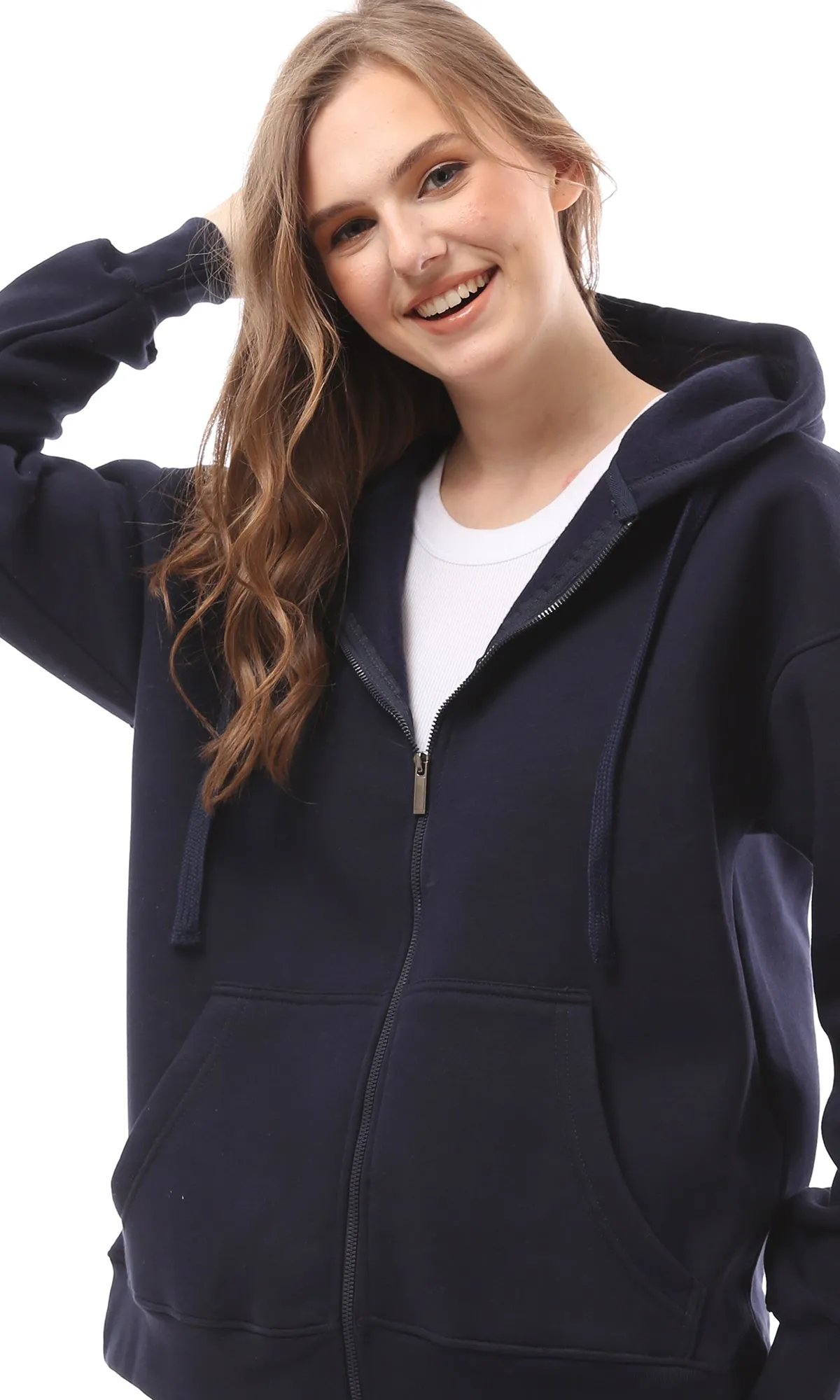 O172208 Front Zipper Solid Navy Blue Sweatshirt