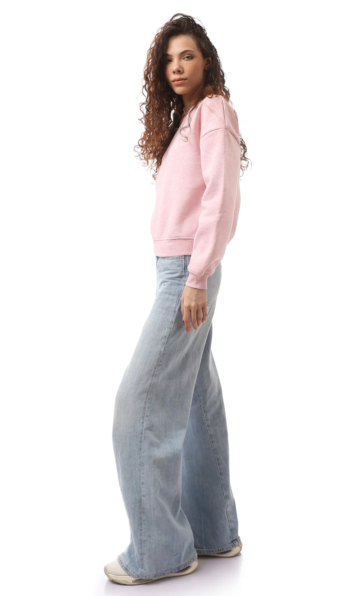 O172713 Heather Light Pink Slip On Round Neck Sweatshirt