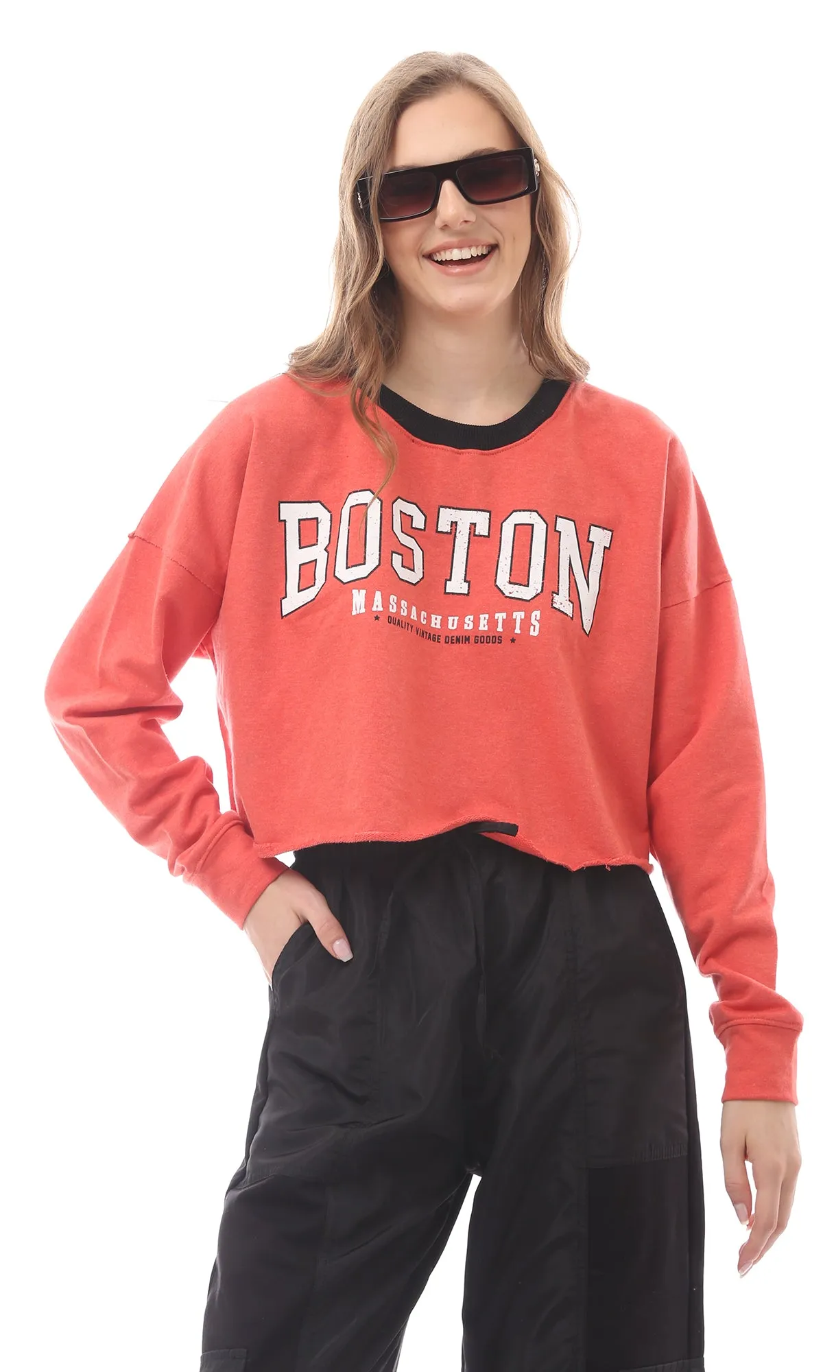 O172873 Round Neck Printed "Boston" Watermelon Red Sweatshirt