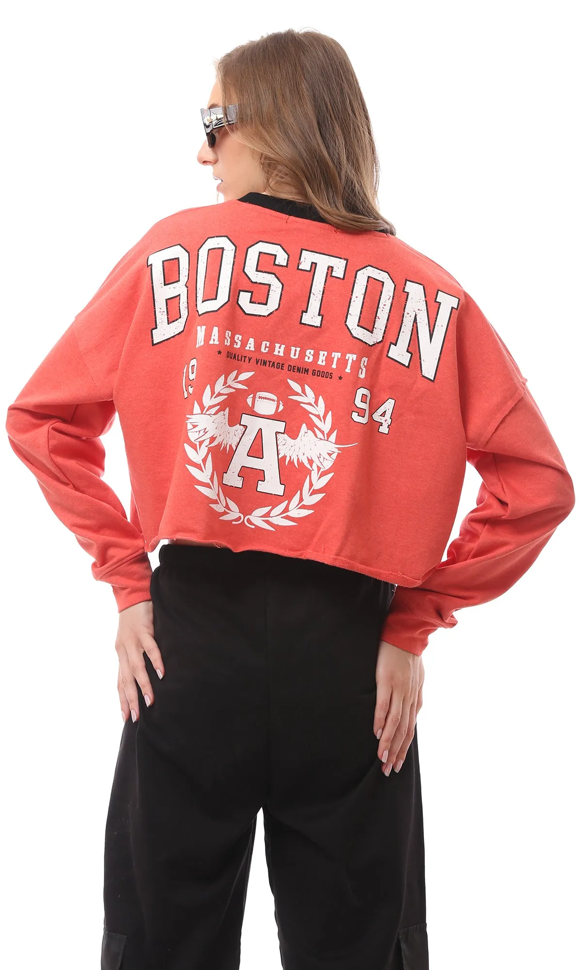 O172873 Round Neck Printed "Boston" Watermelon Red Sweatshirt