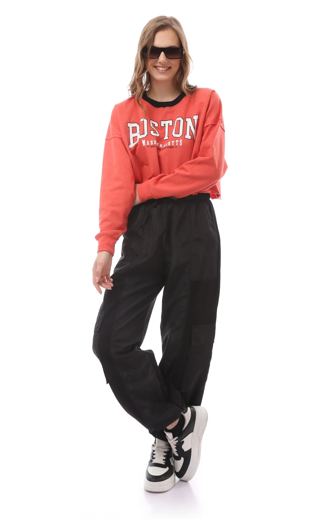 O172873 Round Neck Printed "Boston" Watermelon Red Sweatshirt