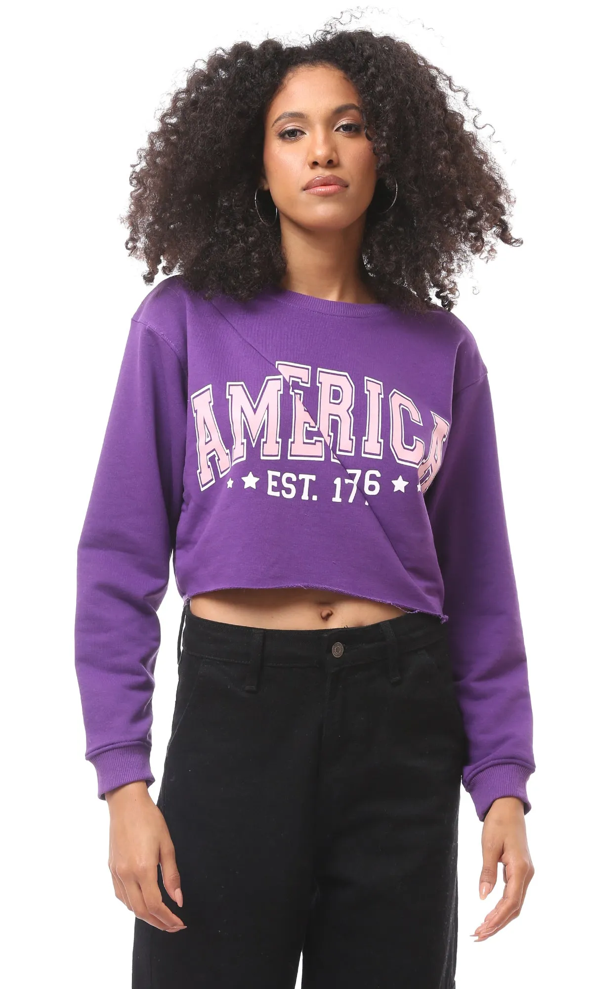 O175018 Front Cut Printed Purple Short Sweatshirt