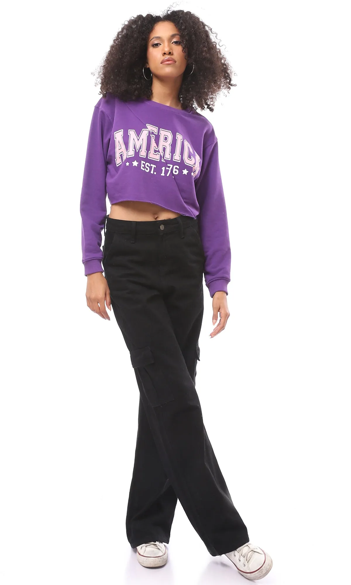 O175018 Front Cut Printed Purple Short Sweatshirt