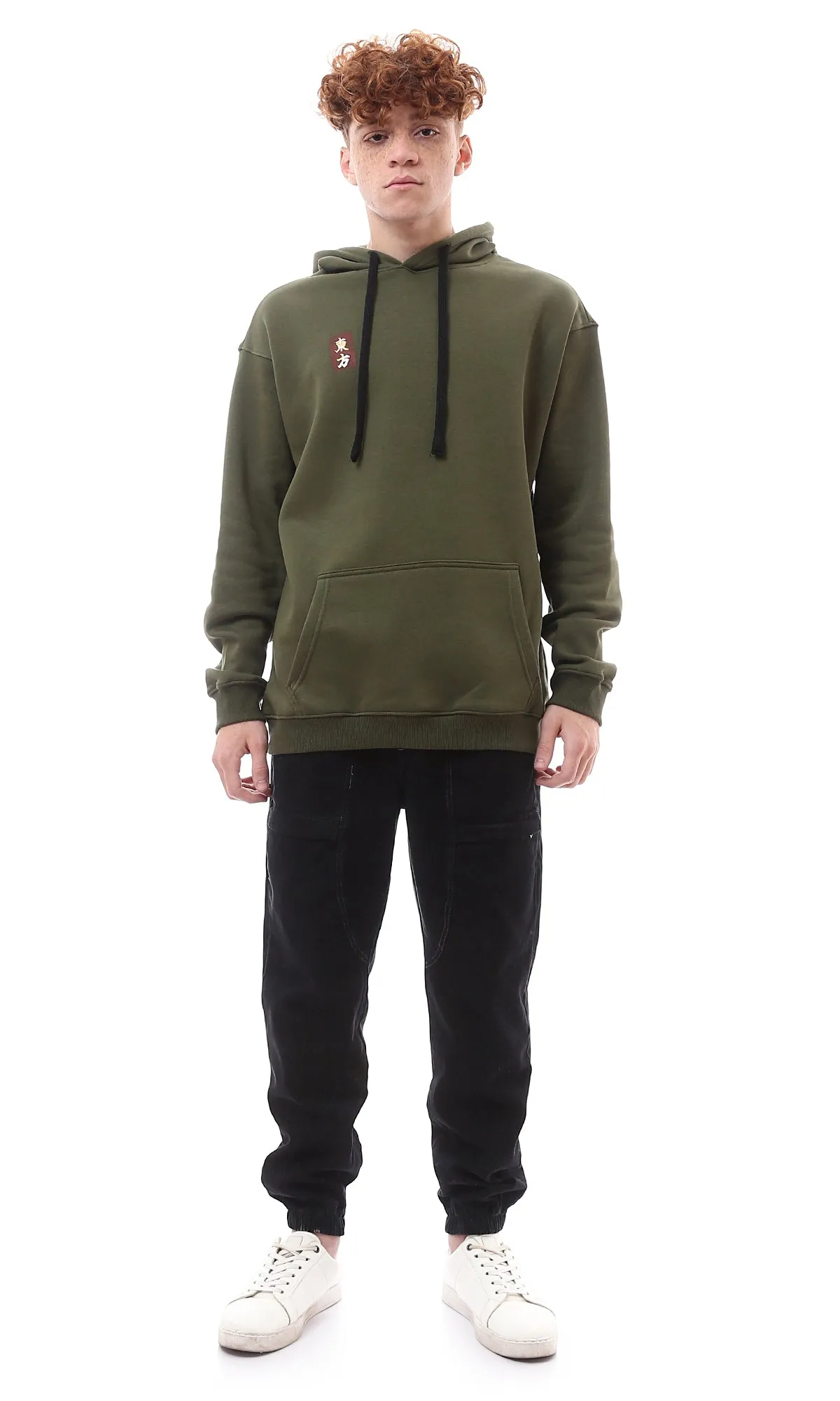 O175771 Dark Olive Cotton Hoodie With Front & Back Print