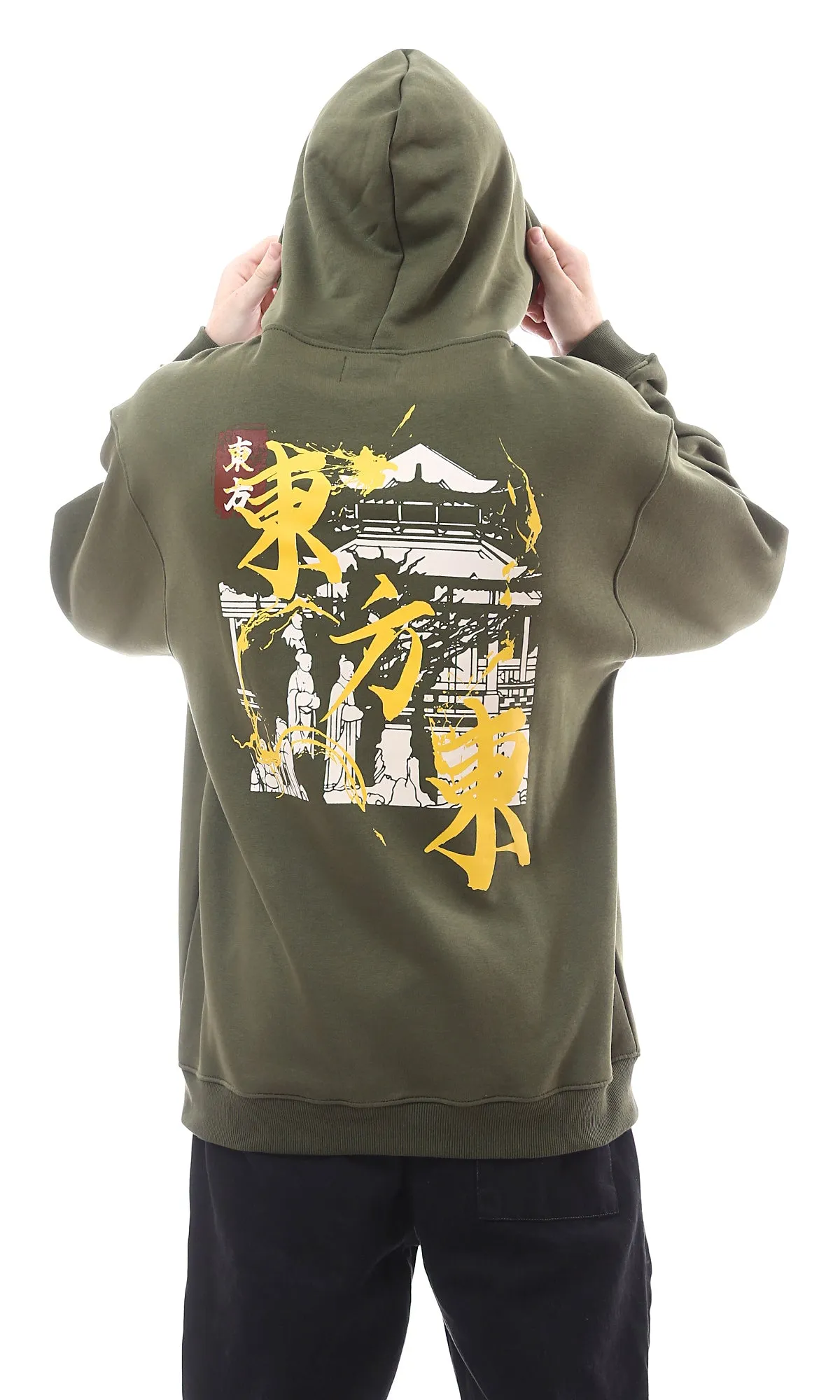 O175771 Dark Olive Cotton Hoodie With Front & Back Print