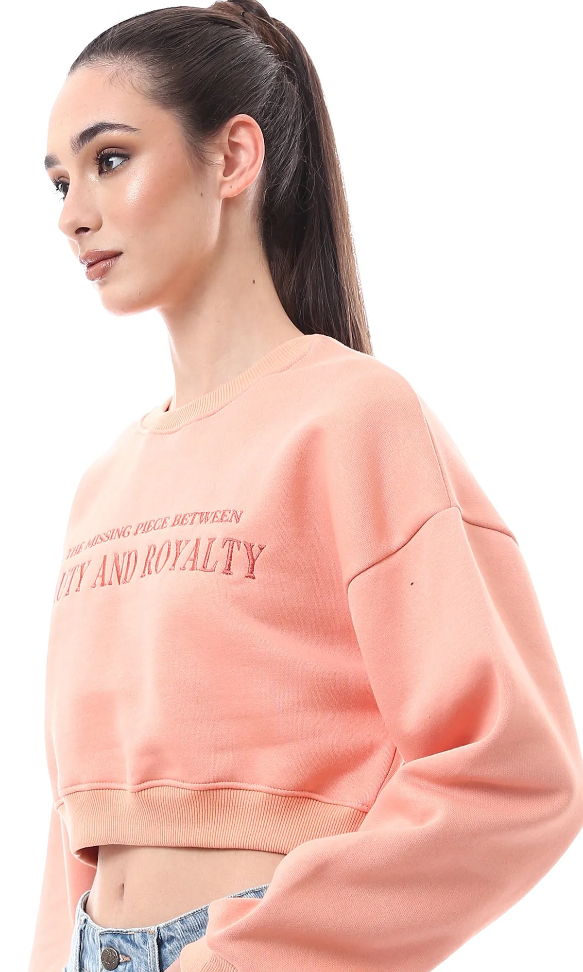 O176246 Crew Neck Stitched Light Salmon Short Sweatshirt