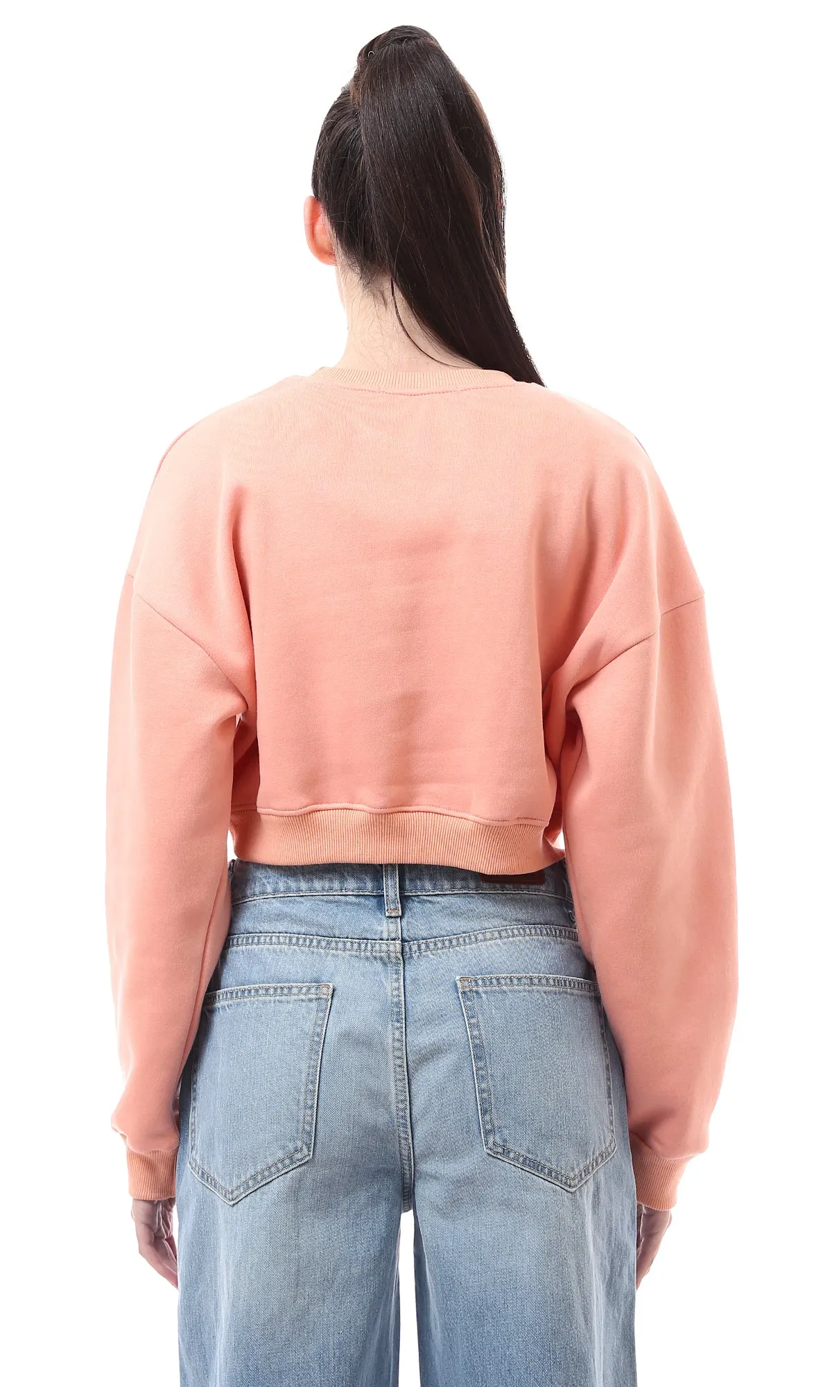 O176246 Crew Neck Stitched Light Salmon Short Sweatshirt