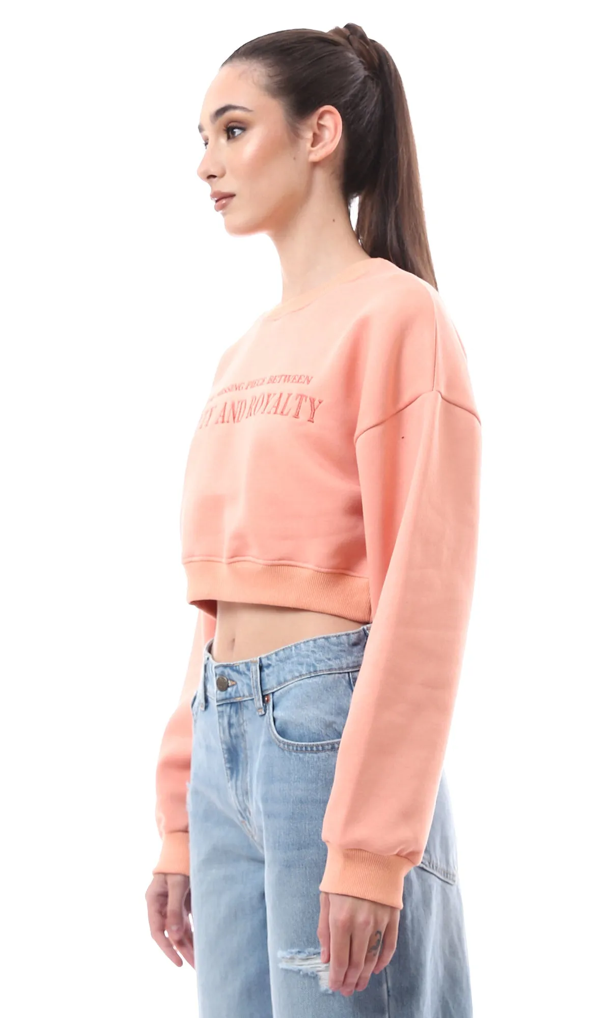 O176246 Crew Neck Stitched Light Salmon Short Sweatshirt