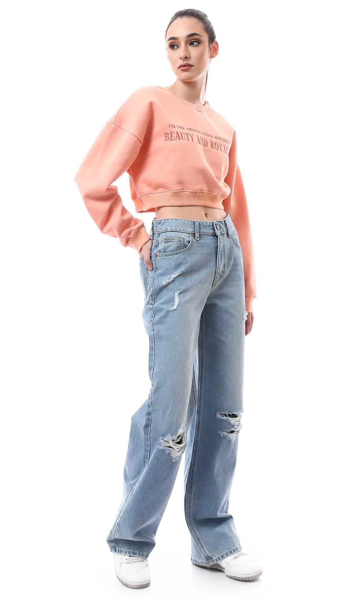 O176246 Crew Neck Stitched Light Salmon Short Sweatshirt