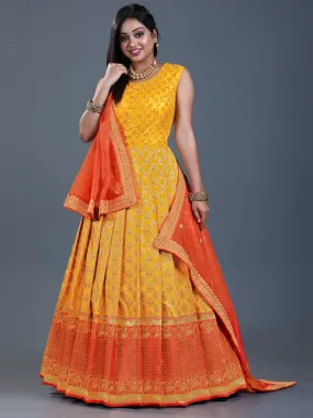 Odette Women Yellow Banarasi Silk Woven Stitched Gown