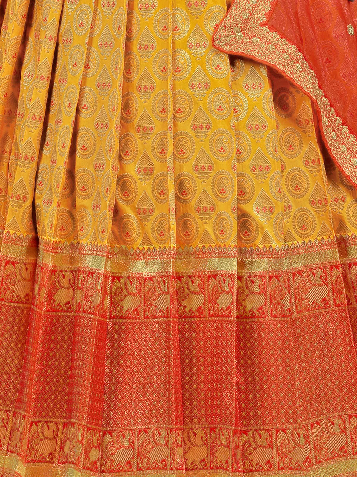 Odette Women Yellow Banarasi Silk Woven Stitched Gown