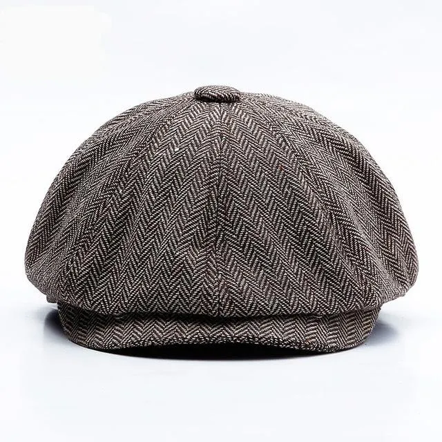 Retro Warm Tweed Herringbone Octagonal Newsboy Cap with Buttons