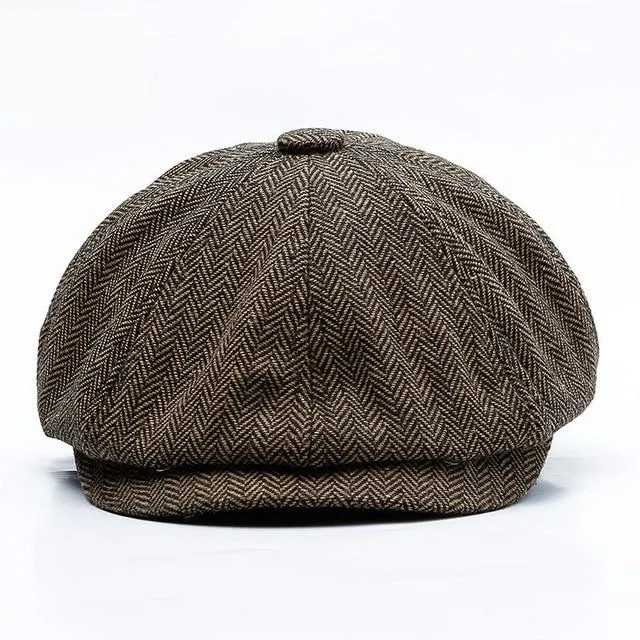 Retro Warm Tweed Herringbone Octagonal Newsboy Cap with Buttons