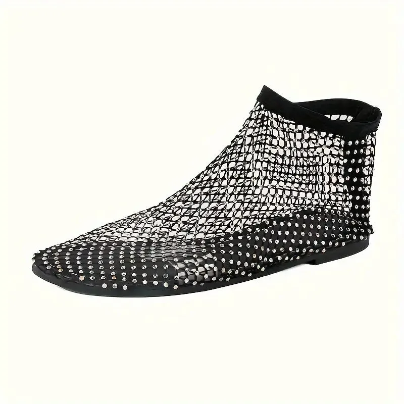 Sexy Silver Rhinestone Black Mesh Ankle Booties