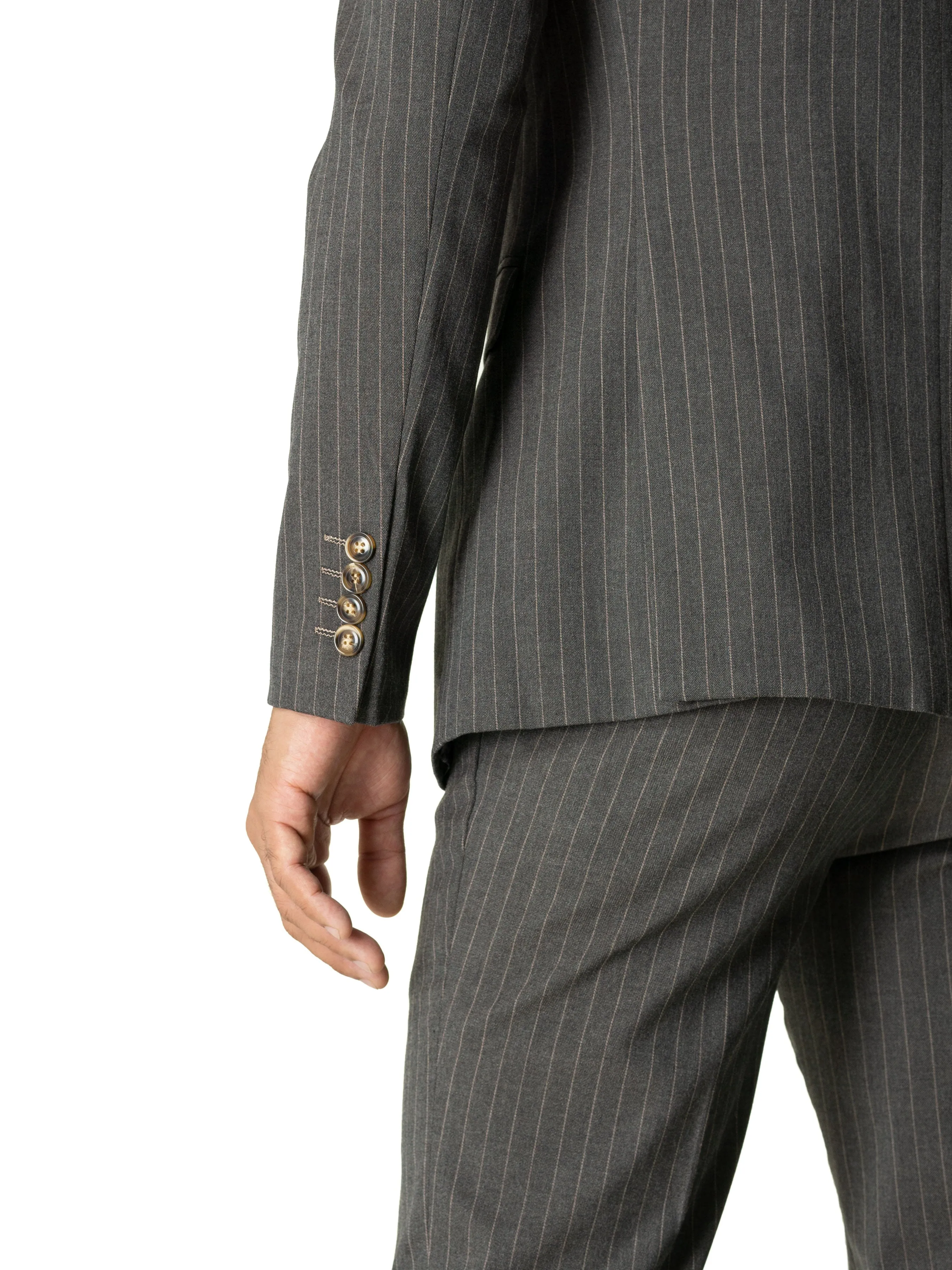 Single Breasted Suit Blazer - Dark Grey with Brown Pinstripes (Peak Lapel)