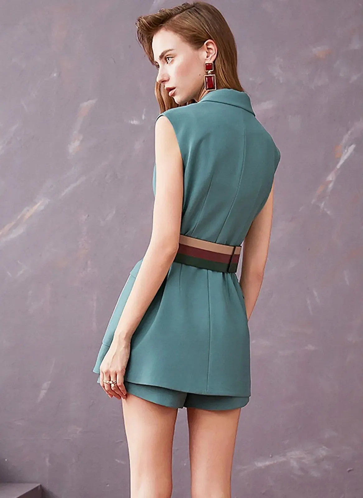 Teal Sleeveless Contrast Belt Blazer & Shorts Set