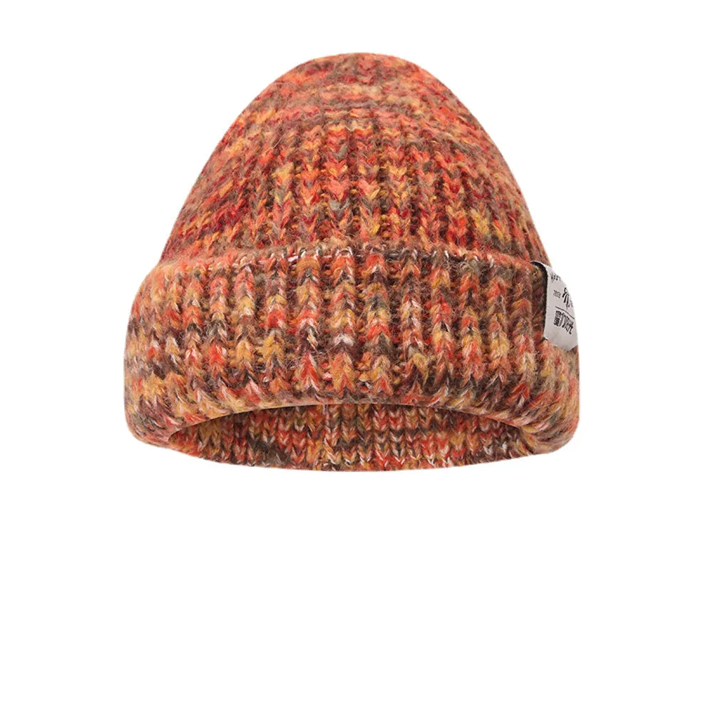 Women Coarse Knitted Mixed Color Letter Label All-match Warmth Beanie Hat