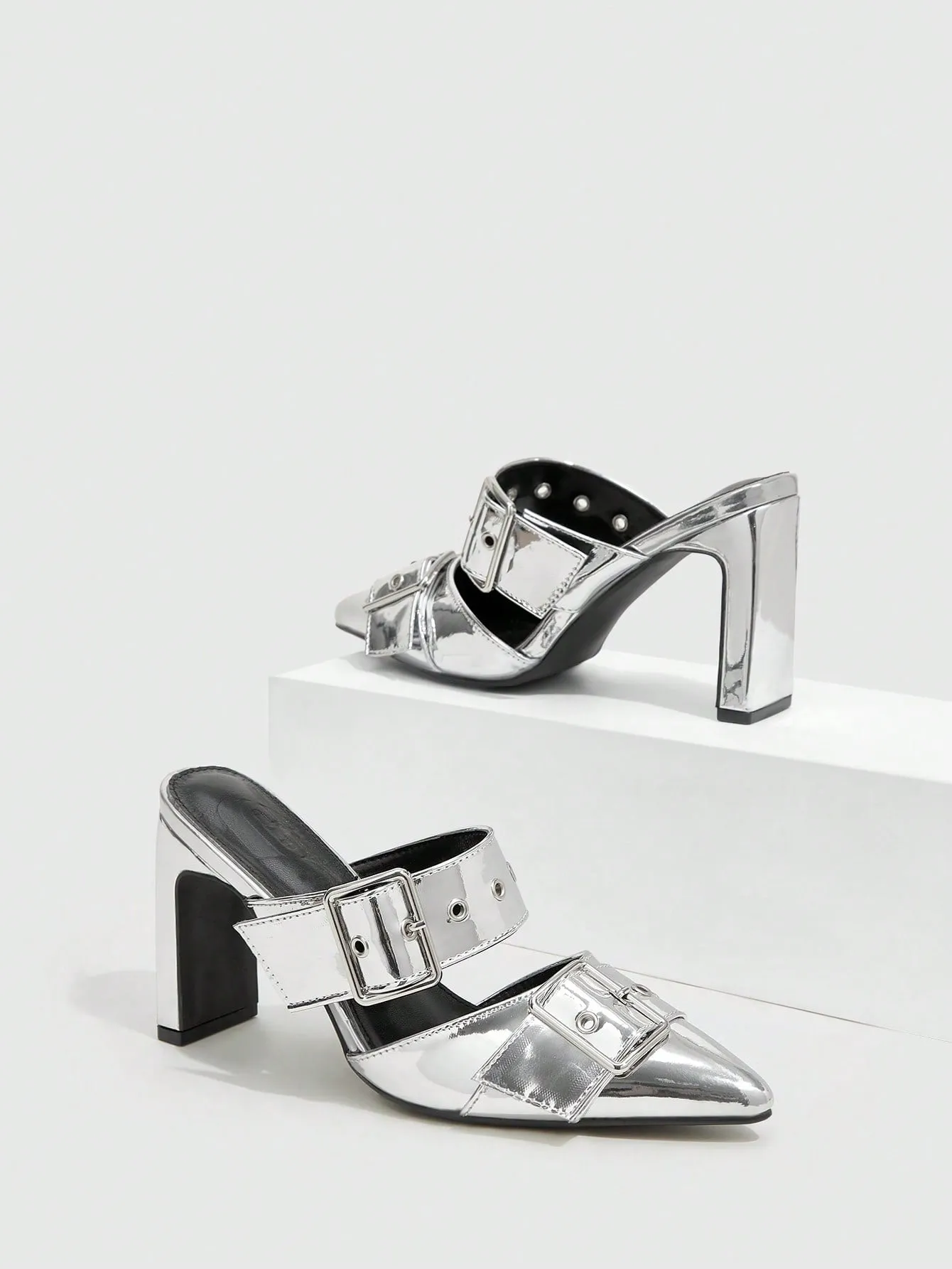 Women Shoes Fashionable Silver Buckle High-Heeled Mules With Chunky Heels Valentines Day