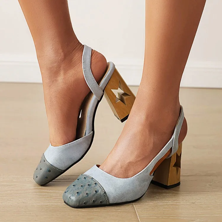 Women's Bicolor Square Toe Shallow Slingbacks Cutout Block Chunky Heel Sandals