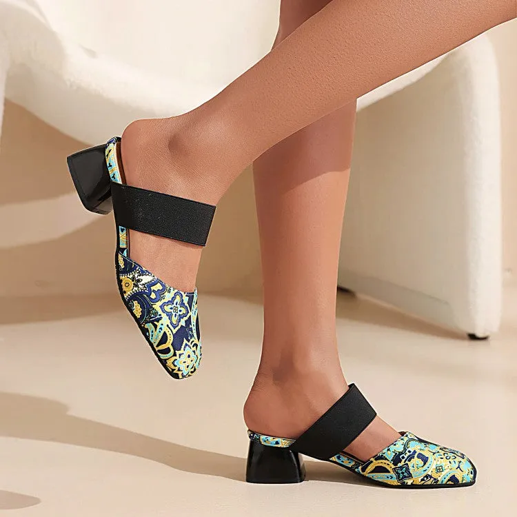 Women's Ethnic Stretch Block Chunky Heel Slides