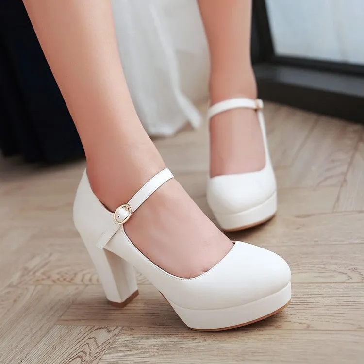 Women's Pu Leather Almond Toe Ankle Strap Block Heels High Heel Platform Pumps