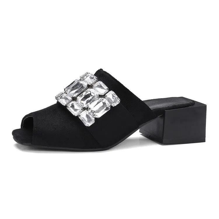 Women's Rhinestone Block Chunky Heel Slides Sandals