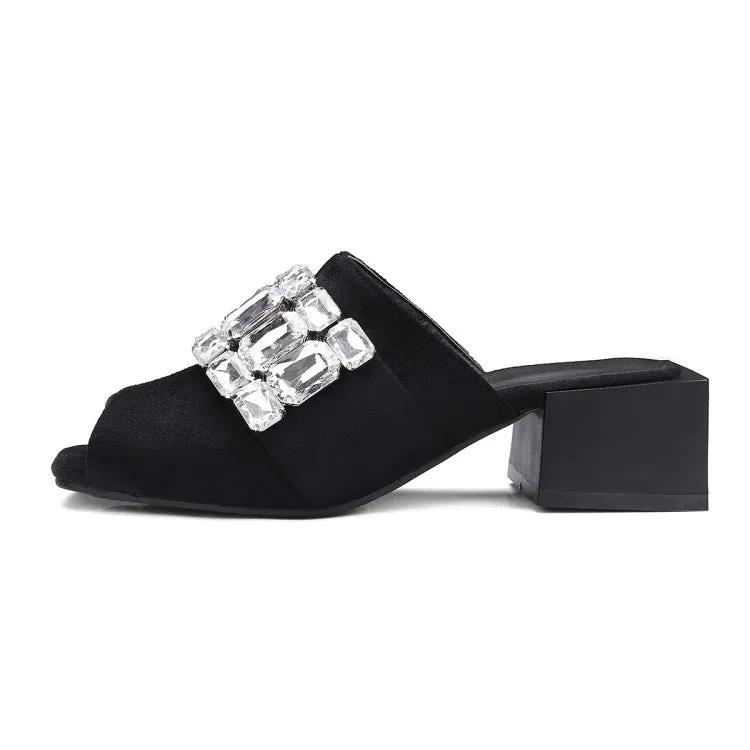 Women's Rhinestone Block Chunky Heel Slides Sandals