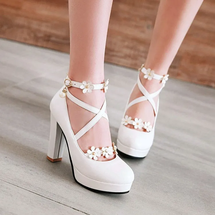 Women's Strapply Flower High Heel Chunky Heels Platform Pumps