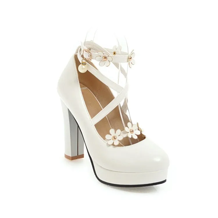 Women's Strapply Flower High Heel Chunky Heels Platform Pumps